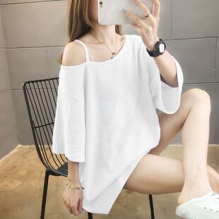 潮 200百搭吊带t恤女装 夏季 300斤胖mm宽松显瘦露肩上衣230加肥短袖