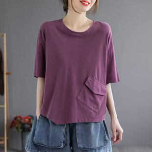 女装 半袖 潮 300斤胖mm宽松百搭口袋上衣230遮肚显瘦t恤200韩版 夏季