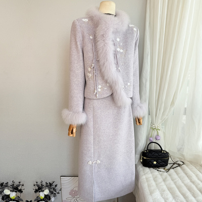 高定紫色中式羽绒服套装女冬季