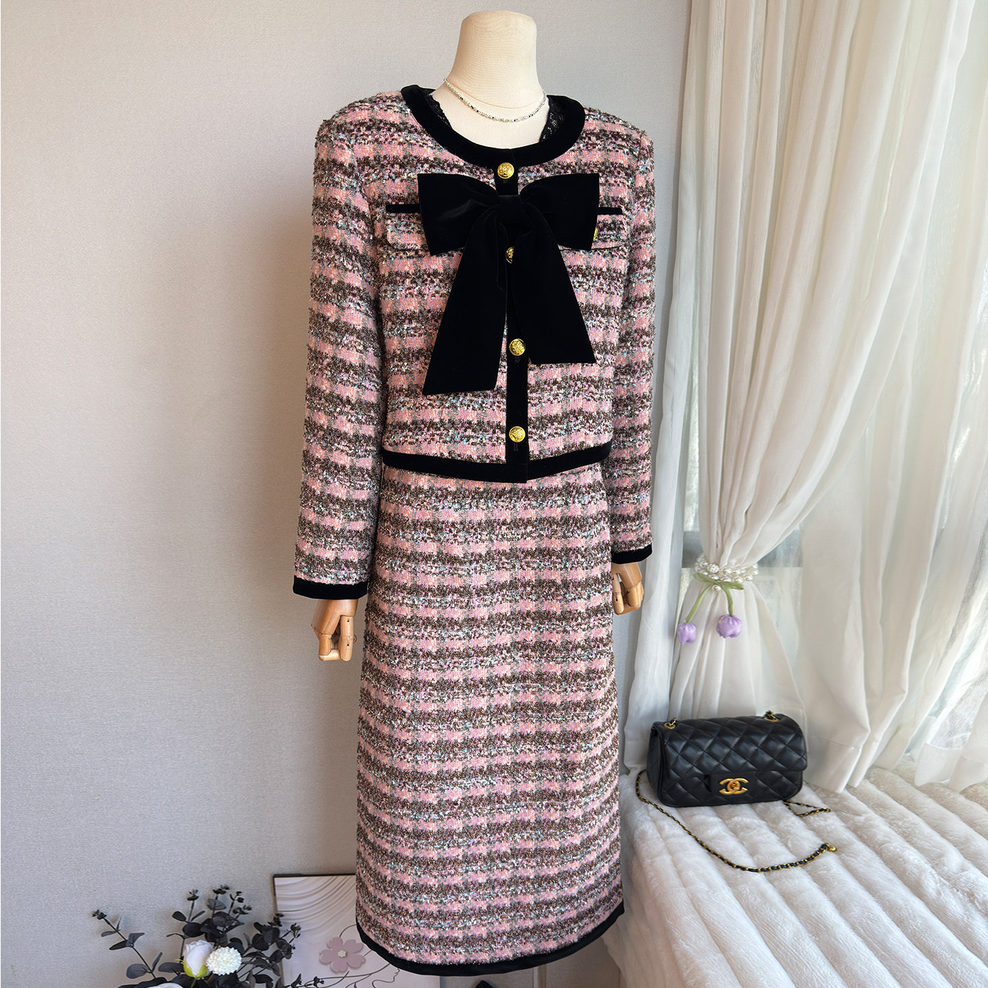 高定小香风羽绒套装女冬新款时尚羊毛呢编织格纹蝴蝶结半裙两件套,女装/女士精品,时尚套装,淘宝优惠券,粉丝福利购,淘宝优惠卷