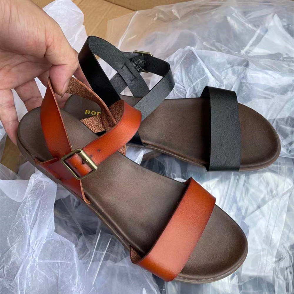 真皮一字扣平底软底女凉鞋露趾简约女凉鞋舒适欧美女鞋