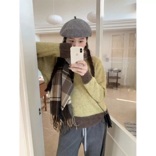 针织秋冬毛衣 女衫 慵懒内糯风软搭设计感冬季 打底拼色高领上衣长袖