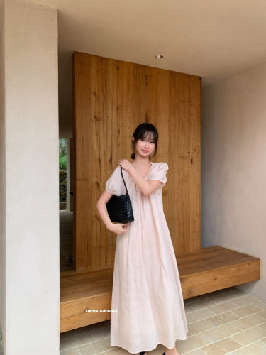 IMISS韩系甜美棉麻绑带连衣裙女2026夏季新款宽松百搭长裙