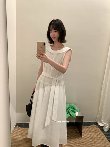 IMISS极简风白色A字长裙女高腰抽褶天丝连衣裙气质松弛感