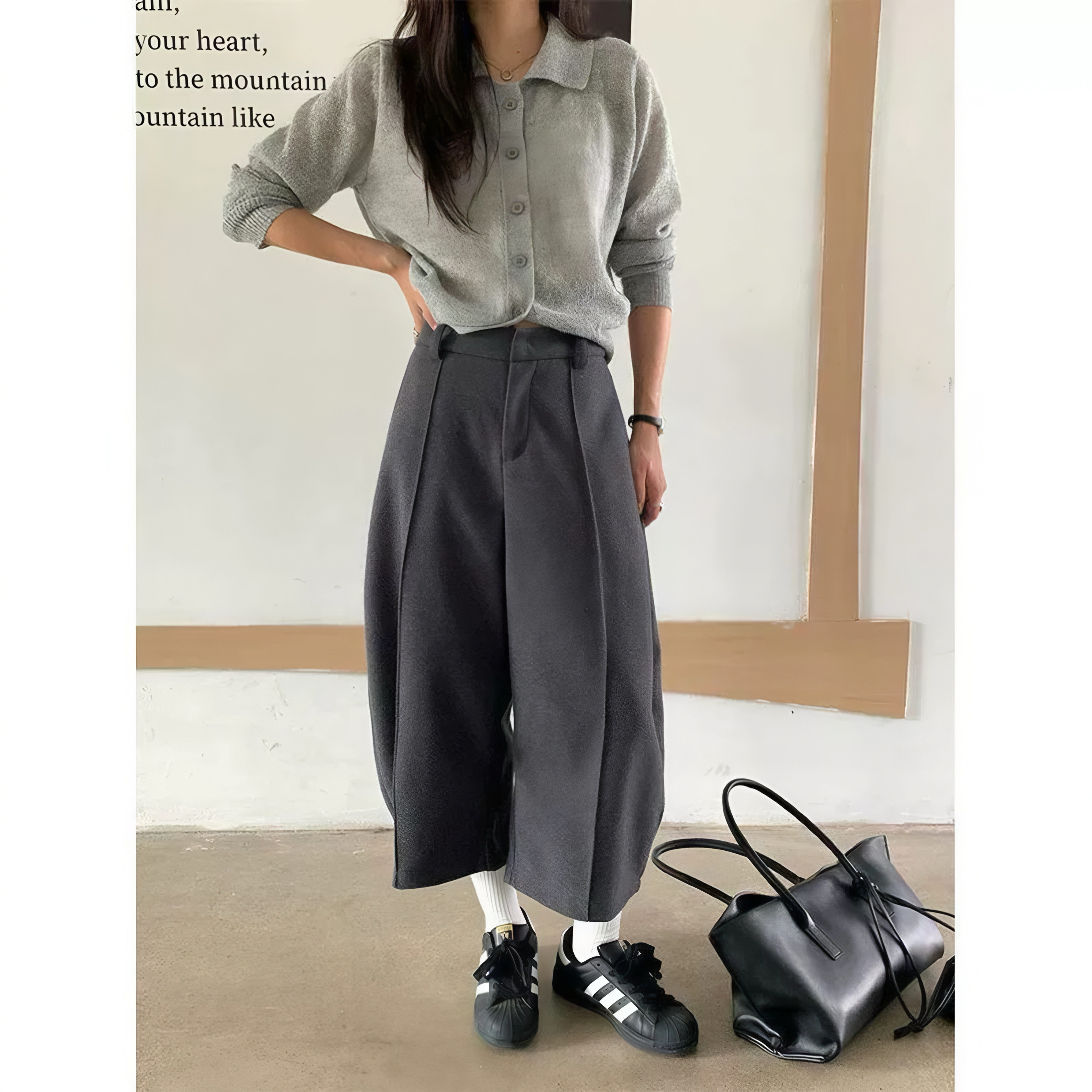 基础呢子韩版休闲裤八分裤秋冬廓形款毛简约2025直筒裤女裤裤工装