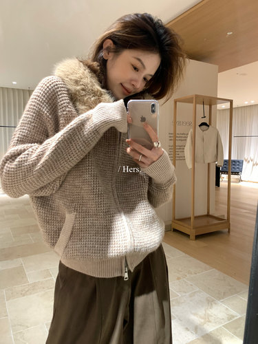 Hers简约风纯色连帽拉链毛衣女宽松显瘦百搭上衣女气质