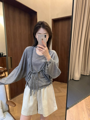 Hers简约风亚麻针织开衫女宽松慵懒长袖防晒罩衫上衣短裤