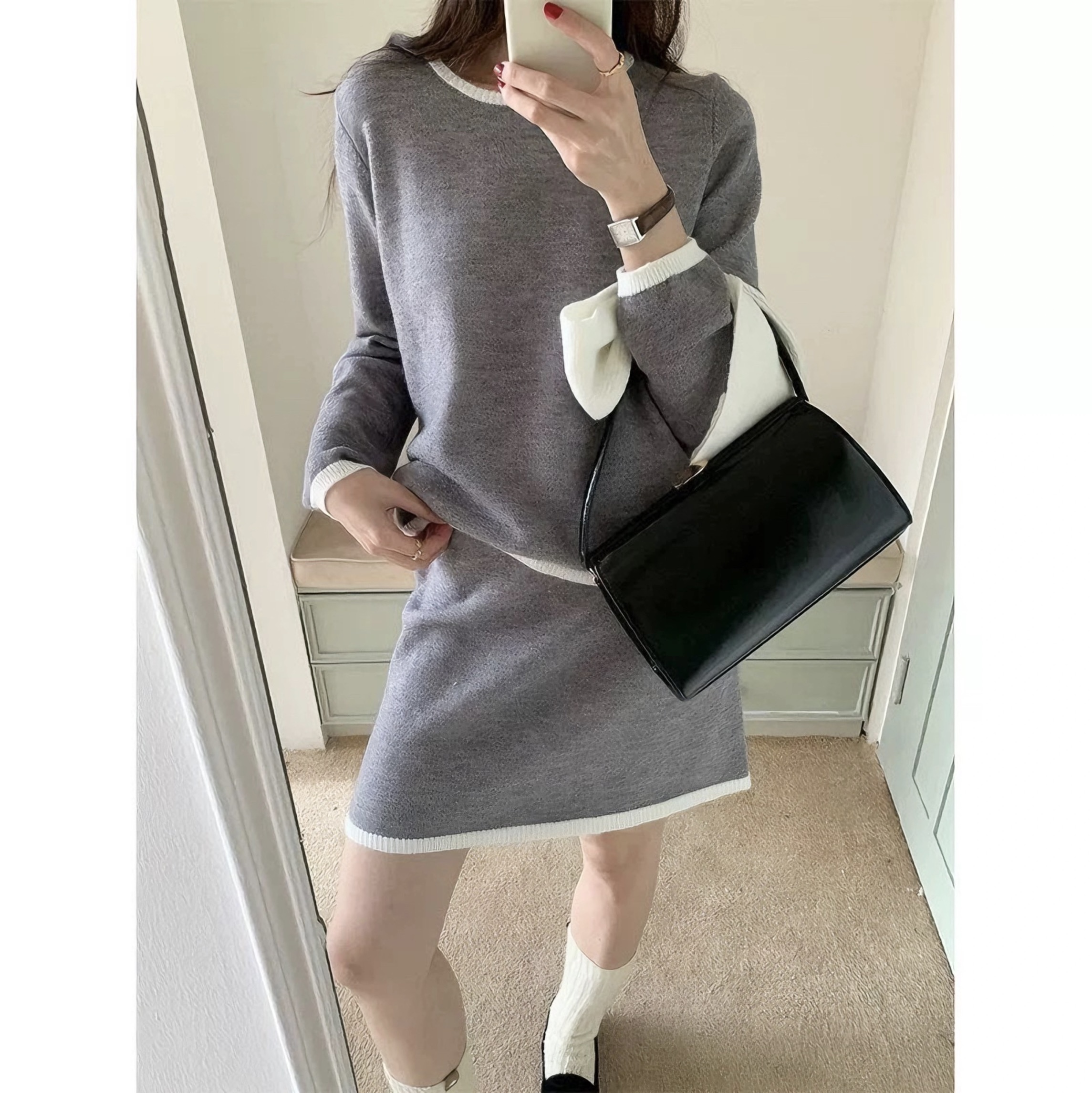 松紧针织衫温柔半身裙围巾腰撞色