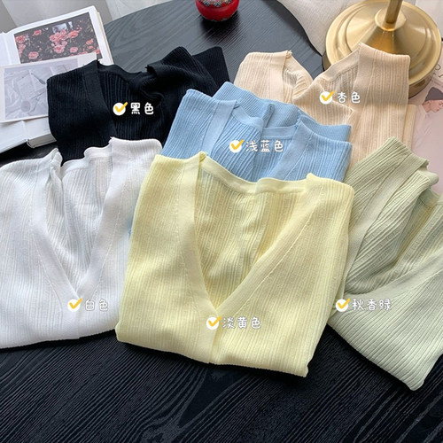 冰丝针织短袖女夏季v领开衫薄款