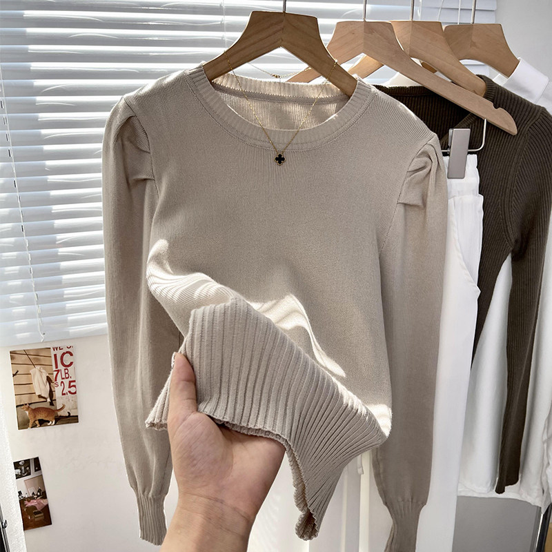 毛衣针织衫女泡泡袖圆领打底衫