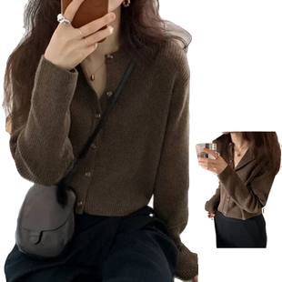 毛衣开衫外套女短款秋季2025新款棕色长袖圆领秋冬厚款外搭针织衫
