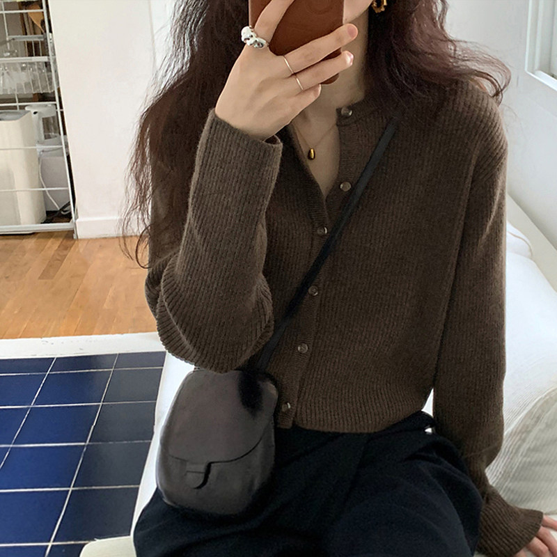 毛衣外套棕色开衫秋装短款上衣