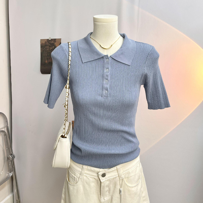 冰丝polo领针织衫短袖T恤女夏季薄款2025新款翻领修身上衣打底衫