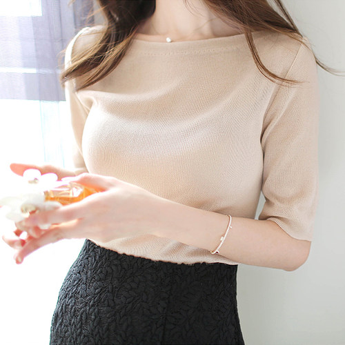 冰丝半袖秋装新款一字肩针织衫