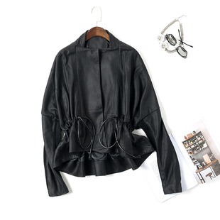 今年流行特惠欧美磨砂哑光绵羊皮蝙蝠外套女系带收腰大码宽松短款