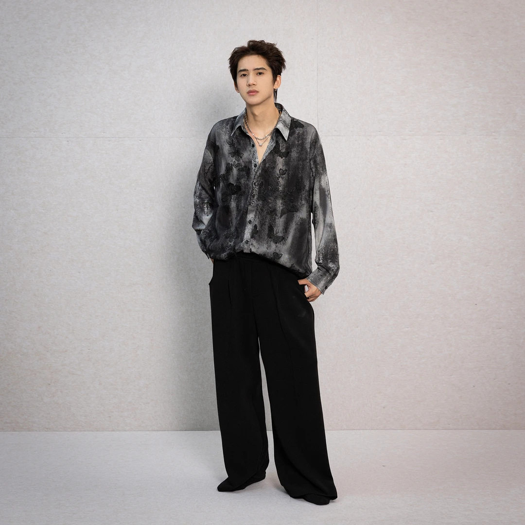 今年流行特惠蝴蝶网纱扎染长袖衬衫男高级感痞帅夏季衬衣设计感