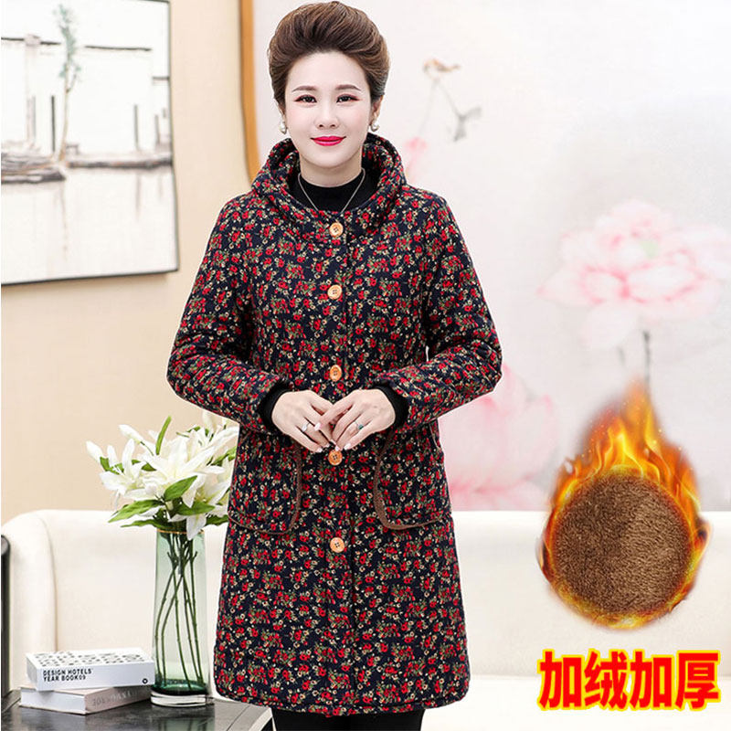 妈妈装冬装加绒棉衣中长款中老年女装保暖加厚棉服民族风棉袄大码