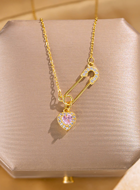 韩版小众设计感别针爱心吊坠钛钢项链女简约气质轻奢风锁骨链