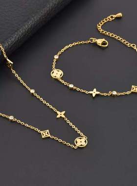 欧美简约钛钢配饰品 不掉色钛钢多个镂空幸运四叶花手链项链女