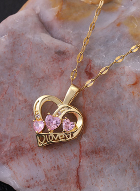 韩版日系粉钻锆石LOVE爱心吊坠锁骨链女百搭钛钢保色真金电镀项链