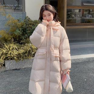 2025冬季新款可爱粉色羽绒服女中长款花边学院风甜美收腰过膝外套