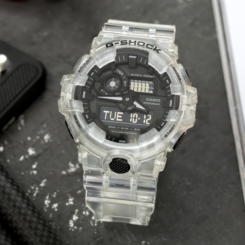 casio坚韧透明白色男运动手表