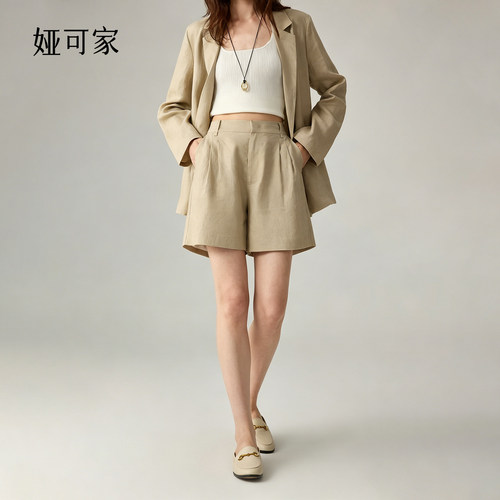 娅可家杏色仿亚麻高腰西装短裤女