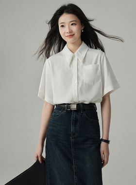 JACOOBS白色复古衬衫女短袖大尖领夏设计感小众日系百搭T恤通勤