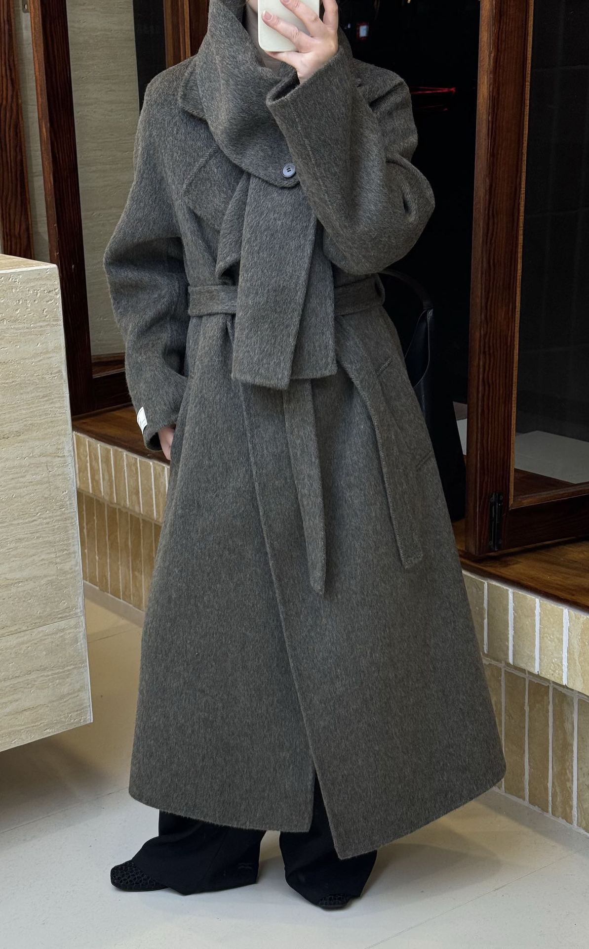 Zest Joy高级感纯色围巾立领系带款加长双面羊毛大衣厚外套女