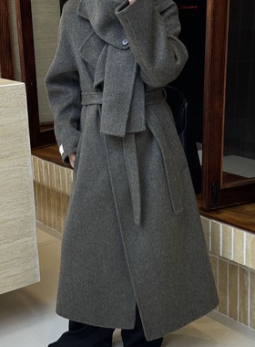 Zest Joy高级感纯色围巾立领系带款加长双面羊毛大衣厚外套女