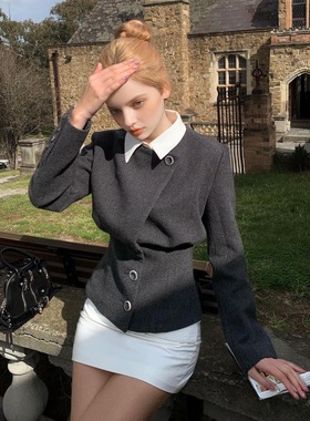 Zest Joy法式优雅假两件翻领毛呢外套秋季百搭收腰显瘦短款上衣