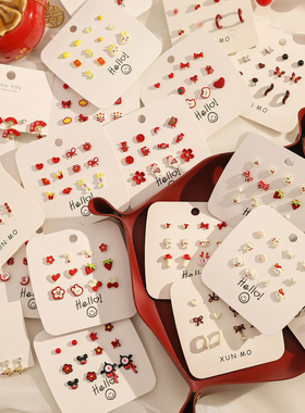 2026新年款红色银针耳钉套装中国风喜庆可爱耳环女生过年发财耳饰