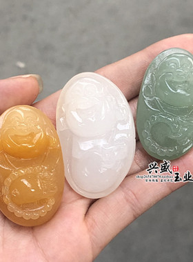 天然儿童满绿东陵玉弥勒佛吊坠