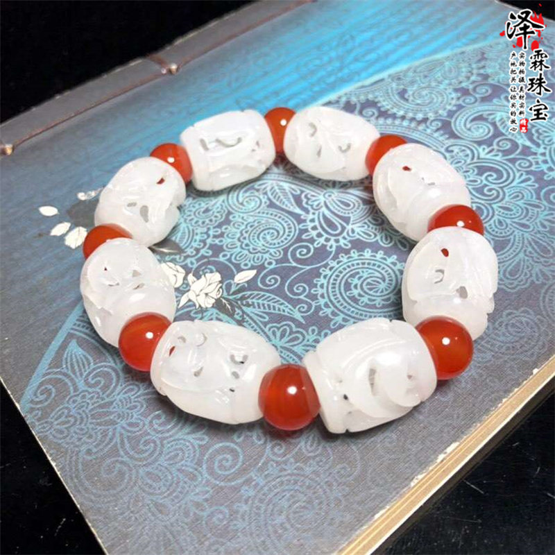 新疆和田玉白玉手链镂空雕刻桶珠红色配珠复古花式气质男女款手串