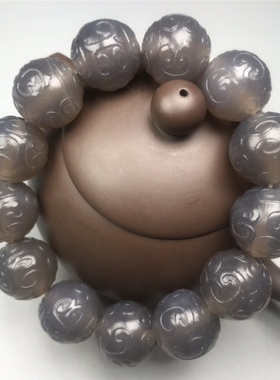 灰色玉髓雕花男女款回纹珠手链