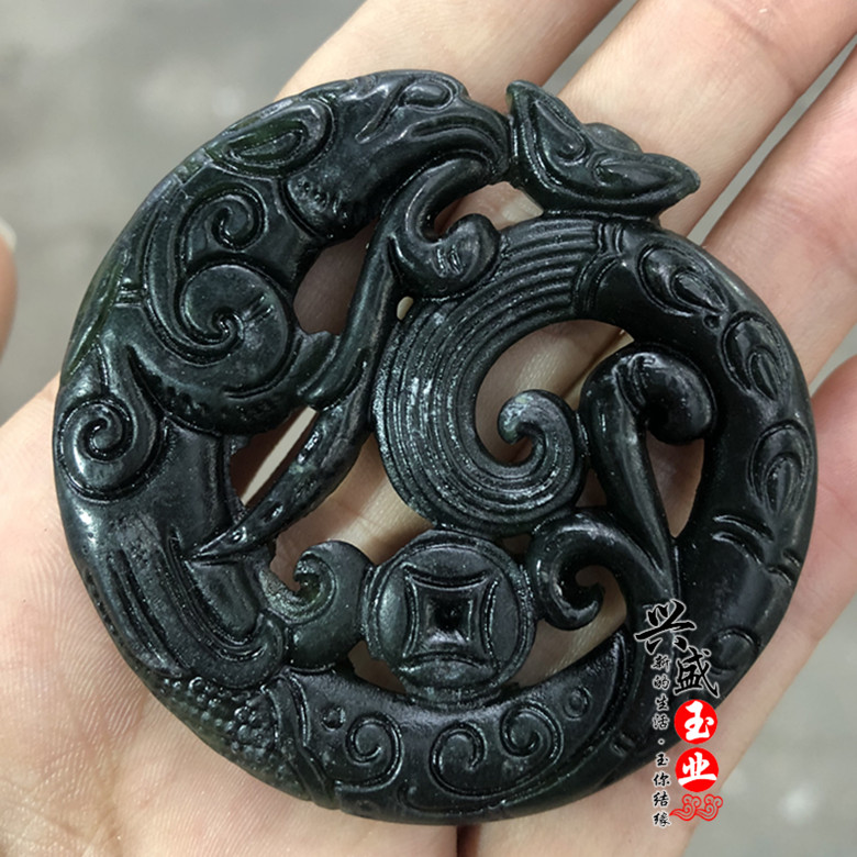 仿古凤吊坠天然墨绿玉双面镂空玉坠男女款汉服玉佩腰佩挂件玉吊坠