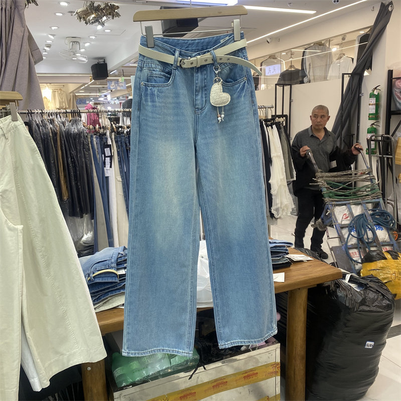 TOP82580春款高腰直筒牛仔裤女显瘦垂感小个子百搭长裤蓝色