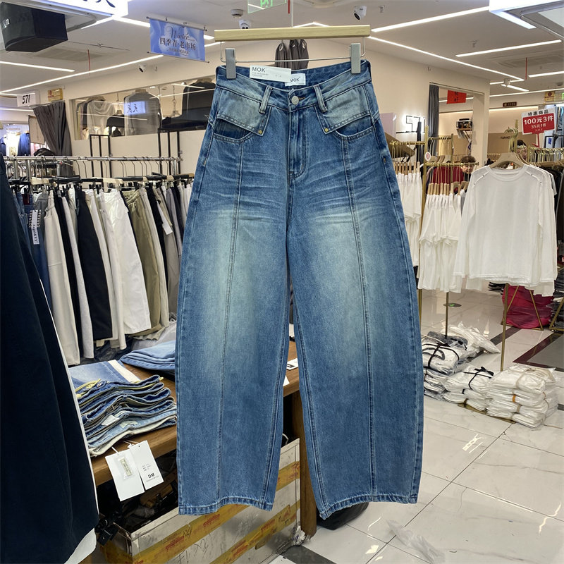 MOK88777春款2026高腰弯刀牛仔裤女宽松阔腿裤百搭复古蓝色十分裤