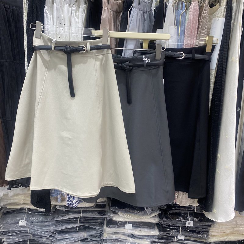 YLMY2030春款复古腰带A字半身裙女高腰显瘦中长款通勤风纯色裙子