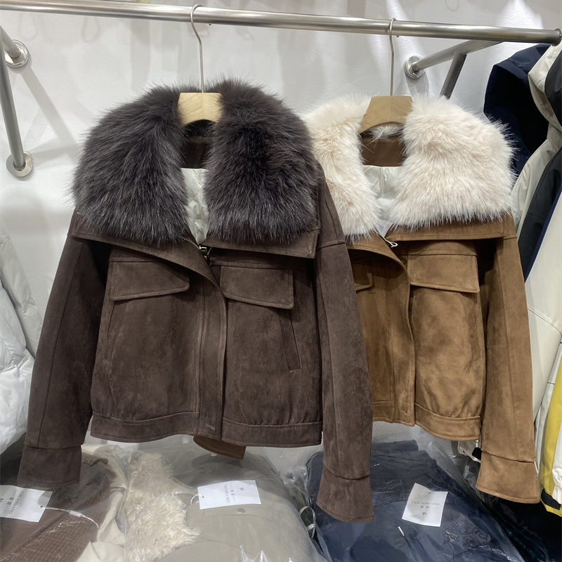 CB8936复古简约风麂皮绒大毛领短外套女保暖显瘦夹克石墨烯云绒