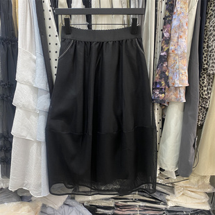YLMY1980春款温柔风高腰网纱半身裙女中长款黑色A字显瘦仙女伞裙