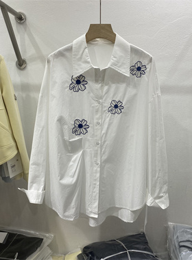 法式2026春款刺绣花朵白色衬衫女长袖宽松不规则设计感中长款上衣