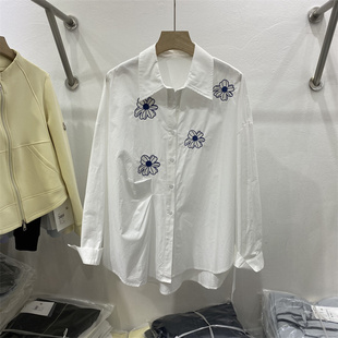 法式2026春款刺绣花朵白色衬衫女长袖宽松不规则设计感中长款上衣