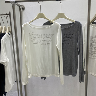 韩版2026女春通勤风长袖T恤宽松显瘦百搭字母印花上衣时髦设计感