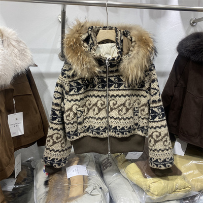 中式复古费尔岛羊羔毛连帽外套女