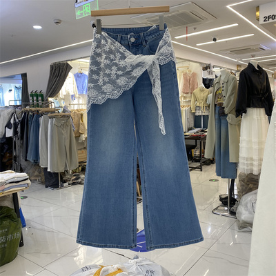 春季假两件蕾丝系带牛仔阔腿裤