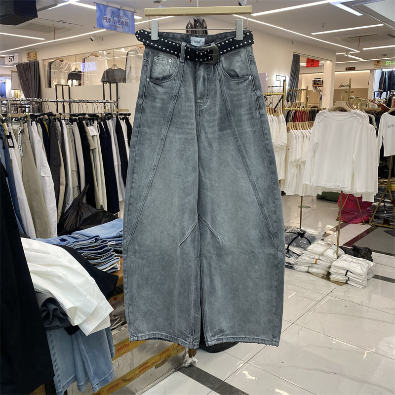 MOK88769春款复古高腰弯刀牛仔裤女2026春季新款宽松百搭阔腿长裤
