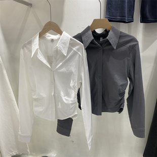 原野10570女春韩版修身显瘦收腰短款长袖衬衫设计感小众衬衣上衣