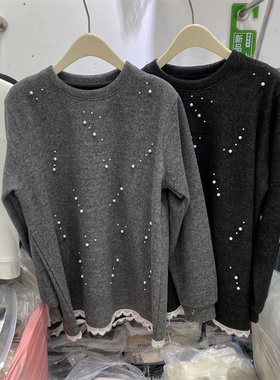 韩版2025冬款重工钉珠长袖T恤女蕾丝下摆减龄上衣灰色宽松加绒潮