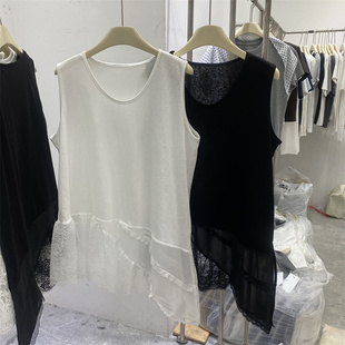 法式2026春款蕾丝拼接无袖背心女显瘦不规则下摆打底开叉叠穿上衣